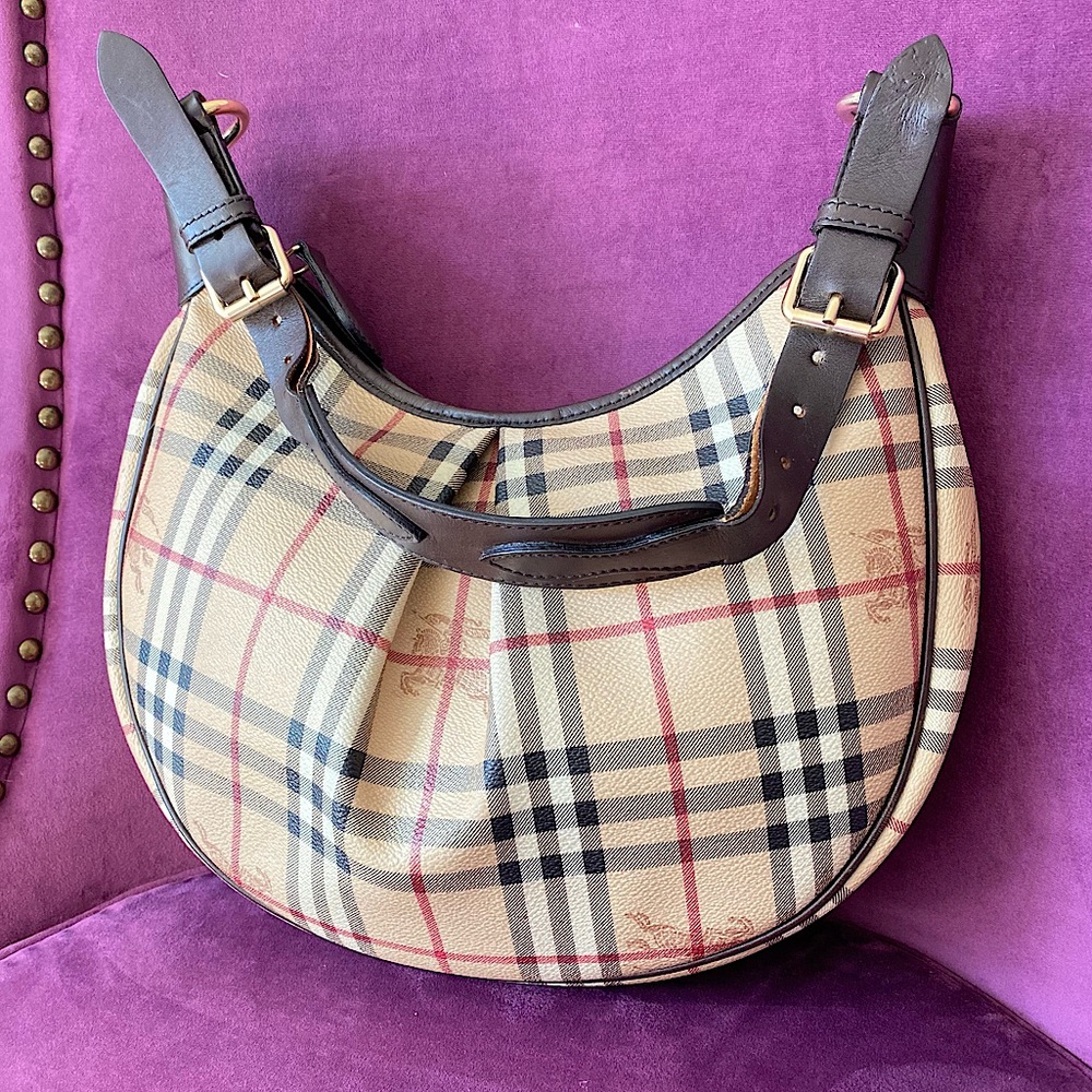Burberry U-Shaped Shoulder Bag Pebbled Leather Beige Brown Black & Gold Accents
